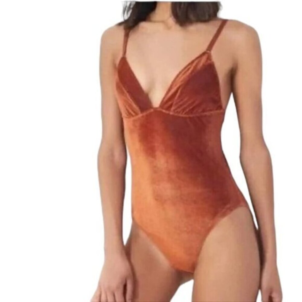 Urban Outfitters Out From Under Shayla Velvet Plunging Ribbed Orange Bodysuit